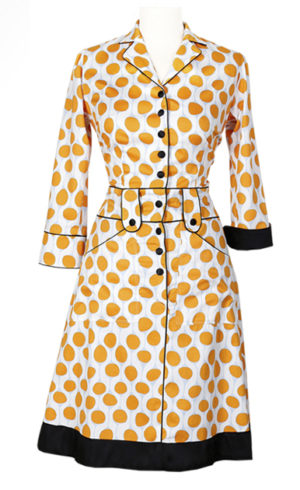 Knee-length dress - a tribute to the 60s housewife. Made from organic, hand-printed cotton/bamboo.